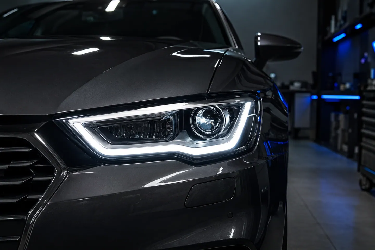 Individualiai atnaujintas automobilio žibintas su LED dienos šviesų kontūru